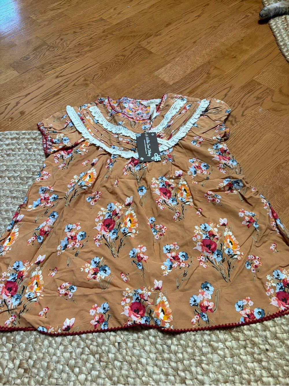 Matilda Jane Tan Floral Ruffle Yoke Top with Red and Blue Accents
